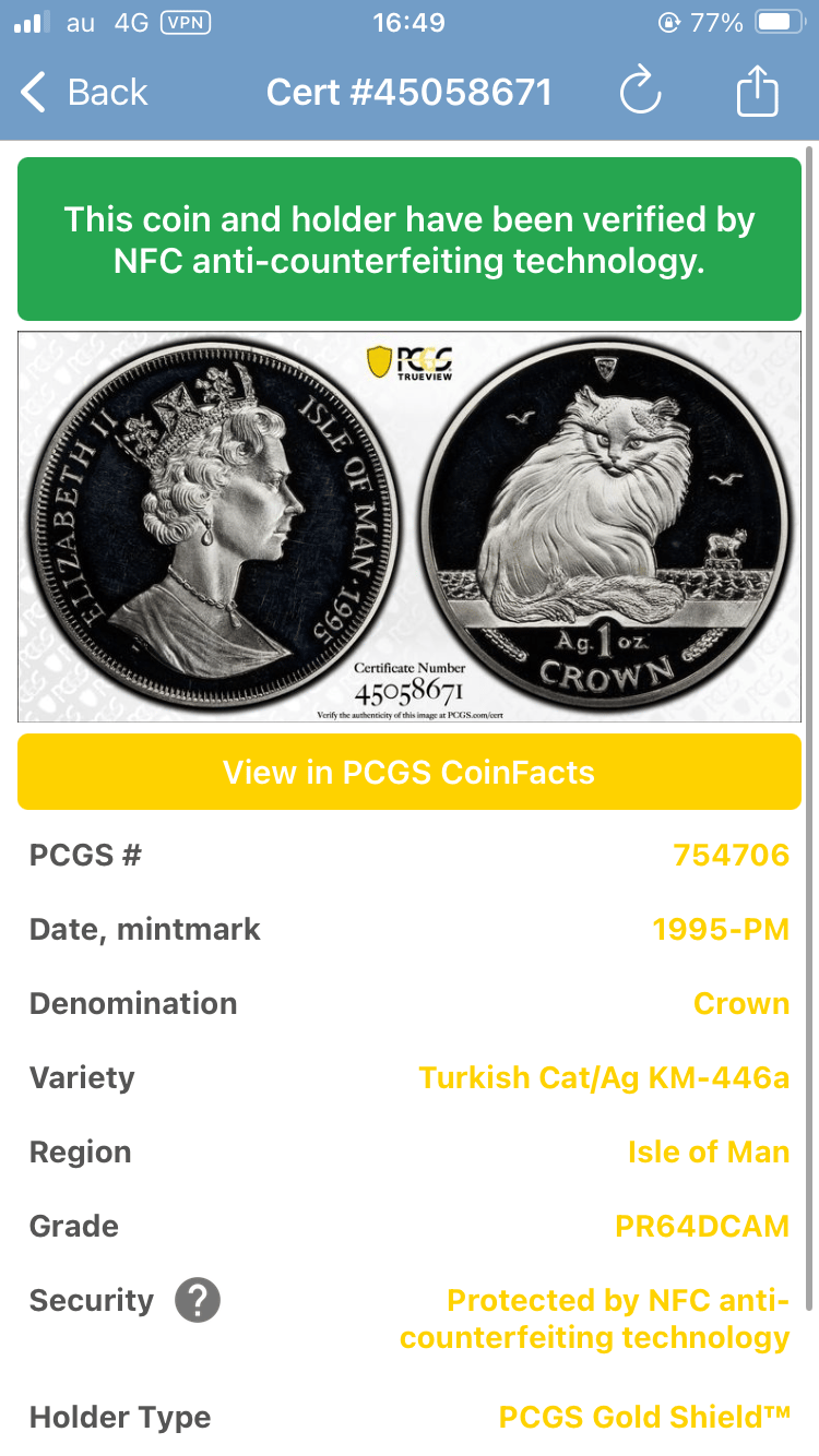 イギリス領マン島 猫 キャット銀貨 1995年 猫種 PCGS鑑定PR64 シルバー