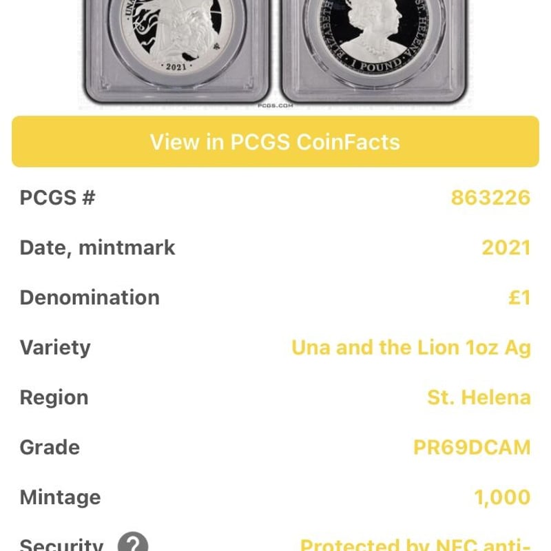 ホワイトスポット多め PCGS鑑定PF69 ウナとライオン 2021年 イギリス領