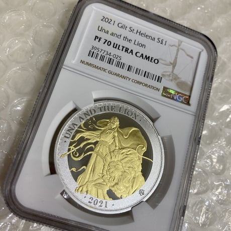 【NGC70鑑定】Gilt･GOLD PLATE版 ウナとライオン 2021 セントヘレナ 1オンス銀貨 金メッキ シルバー プルーフコイン Una Lion