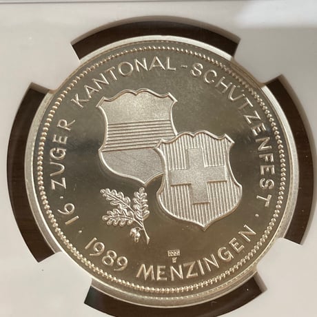 1989年 スイス連邦現代射撃祭記念 ツーク州 50フラン銀貨 シルバープルーフコイン Hab-36a NGC鑑定PF67