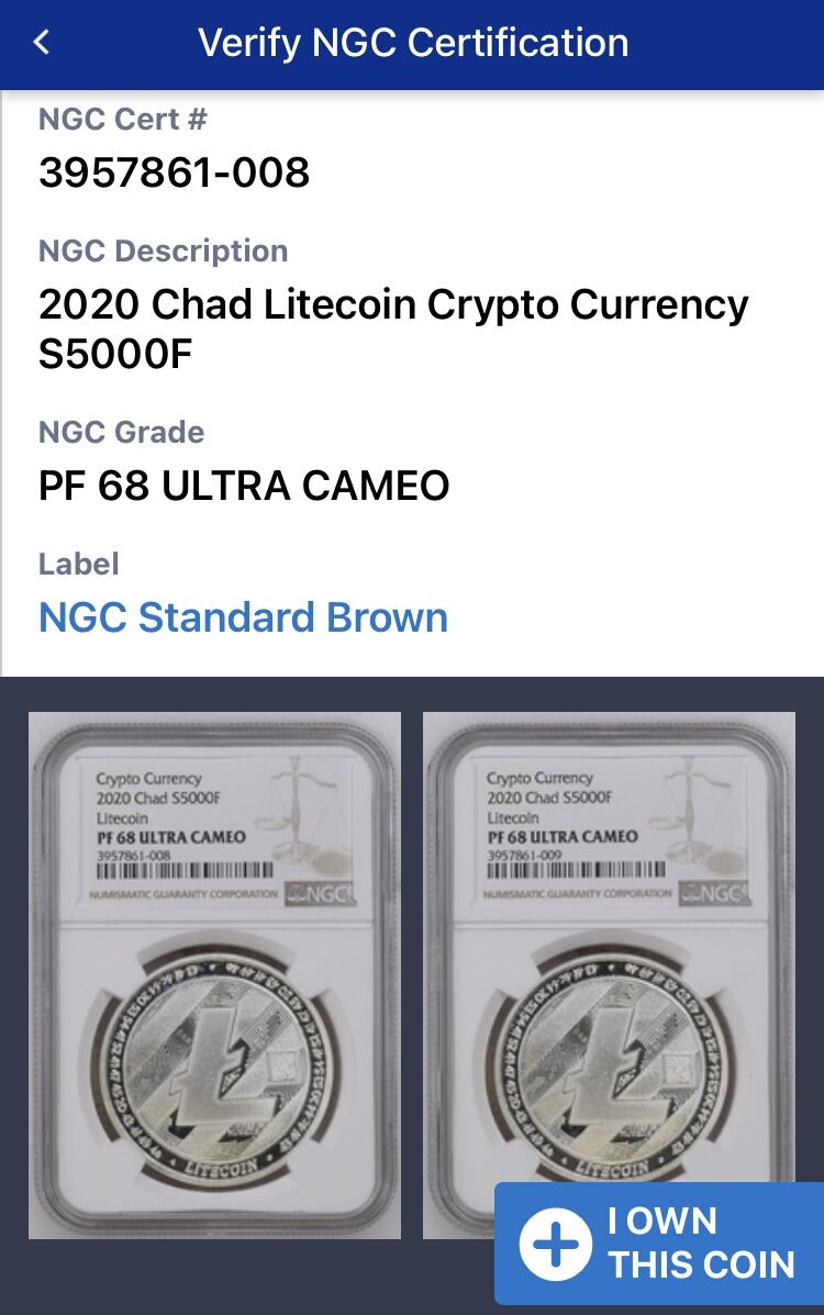 NGC鑑定PF68】 Litecoin ライトコイン プルーフ版 チャド共和国 CFAフラン...