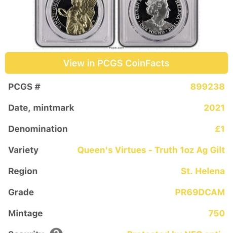 【PCGS69鑑定】Gilt版 女王の美徳シリーズ 真実 イギリス領セントヘレナ 1オンス銀貨 シルバー プルーフコイン 金メッキ