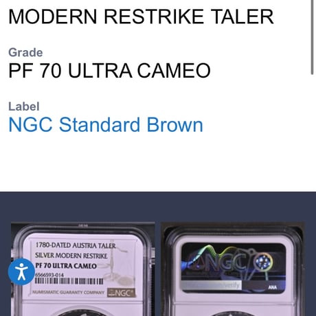 最高鑑定 【NGC鑑定PF70】 1780年 マリアテレジア ターラー銀貨 オーストリア リストライク版 シルバー アンティークコイン モダンコイン
