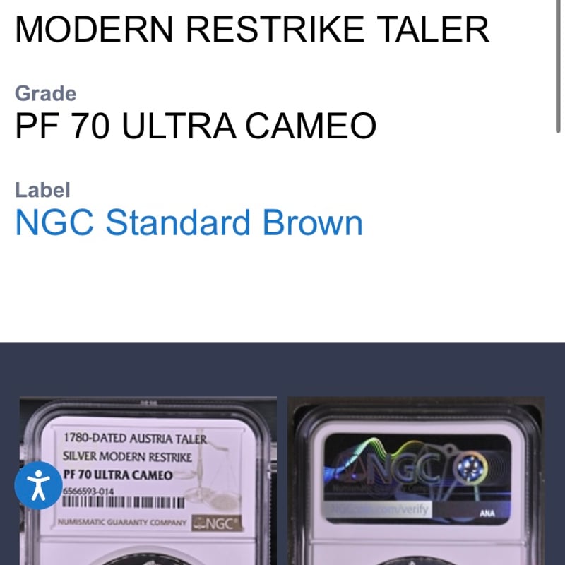 最高鑑定 【NGC鑑定PF70】 1780年 マリアテレジア ターラー銀貨