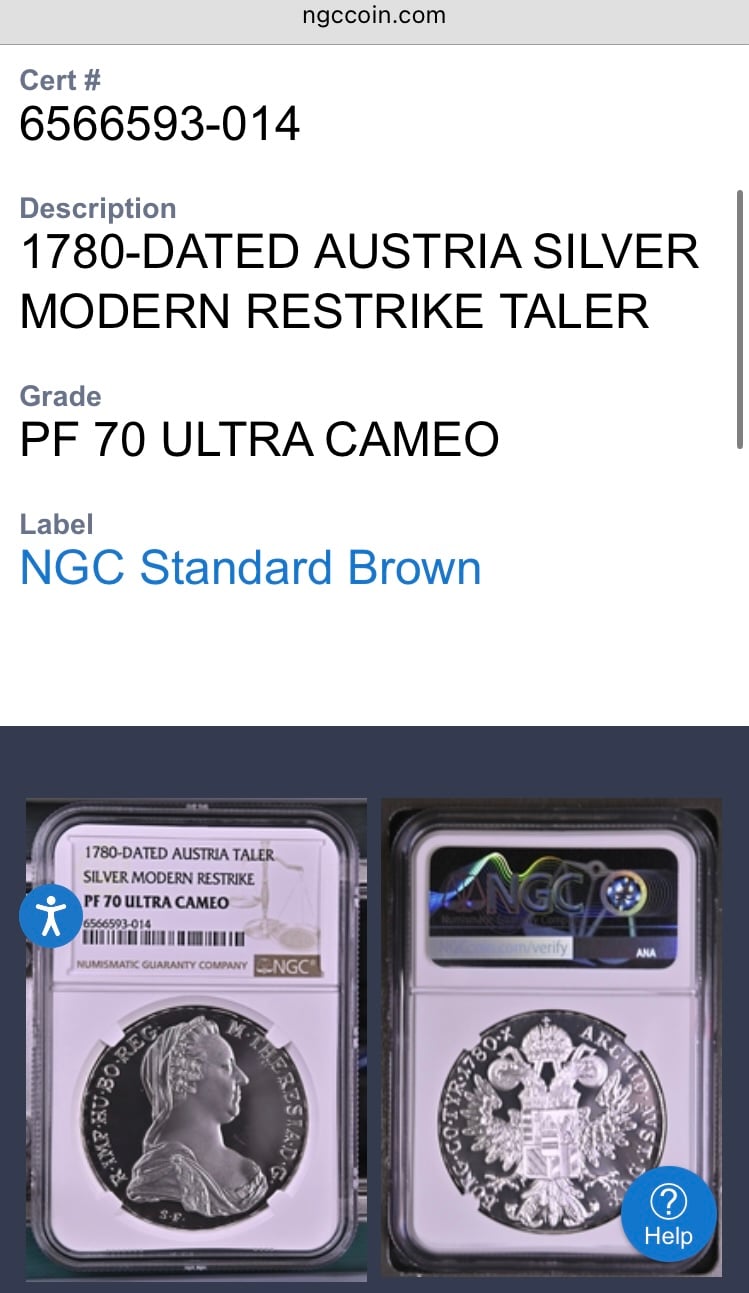 最高鑑定 【NGC鑑定PF70】 1780年 マリアテレジア ターラー銀貨