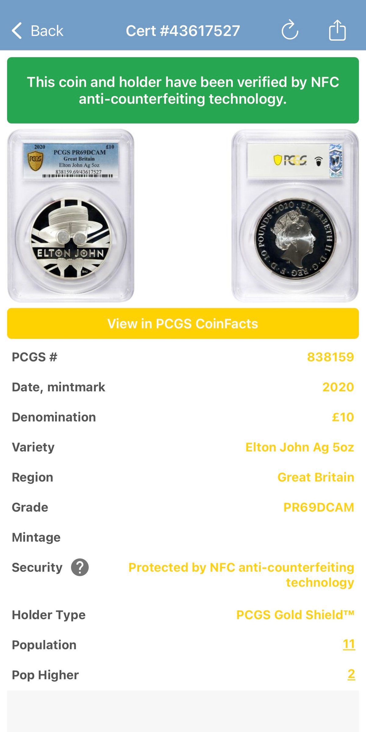 PCGS鑑定PR69 エルトンジョン 5オンス 10ポンド銀貨 シルバープルーフ