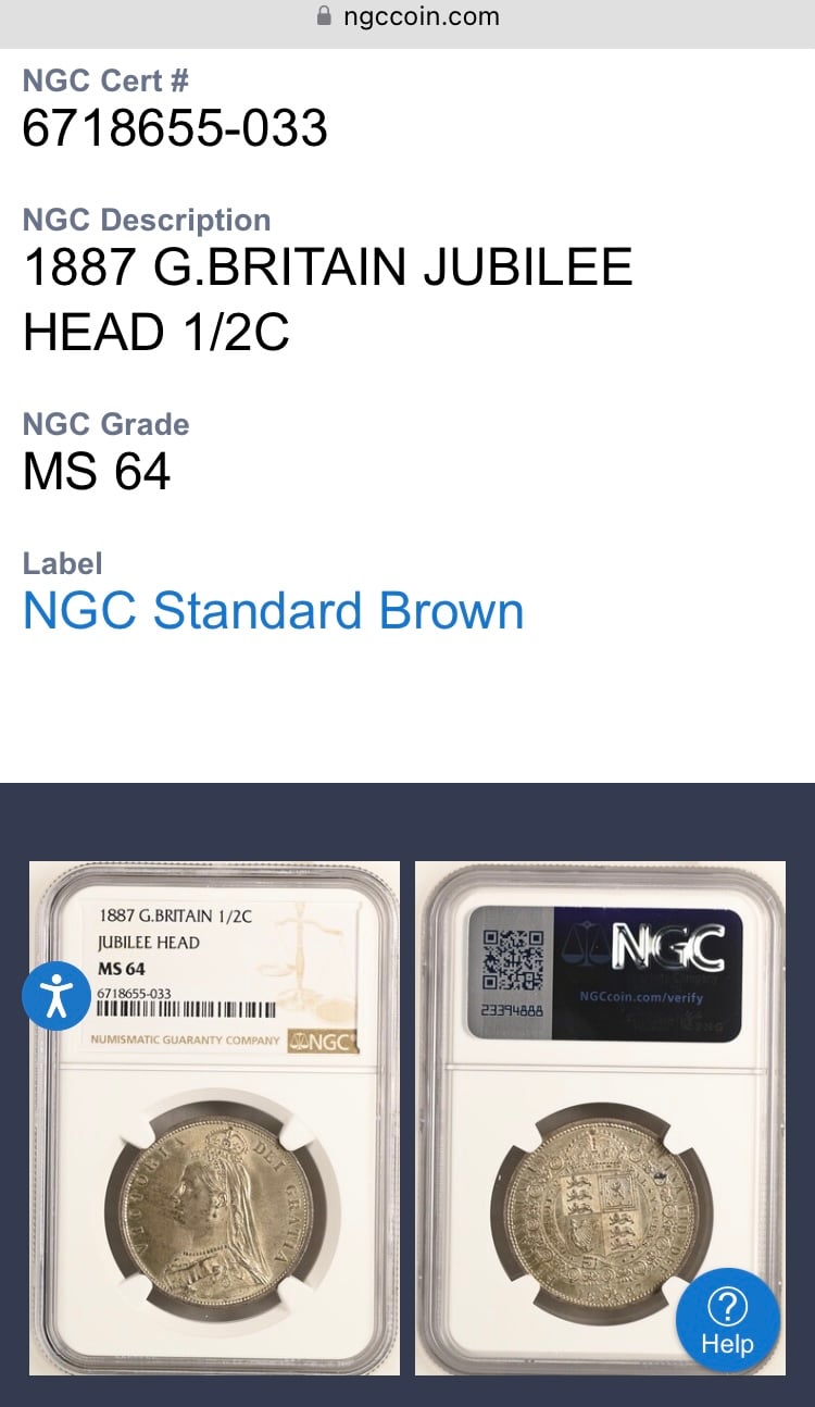 NGC鑑定MS64 1887年 ジュビリーヘッド 1/2c ハーフクラウン銀貨
