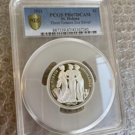 【PCGS PR67DCAM】2オンス銀貨 スリーグレイセス 2021年 セントヘレナ 2oz シルバー プルーフコイン ウナとライオンのウィリアムワイオン作　Three Graces