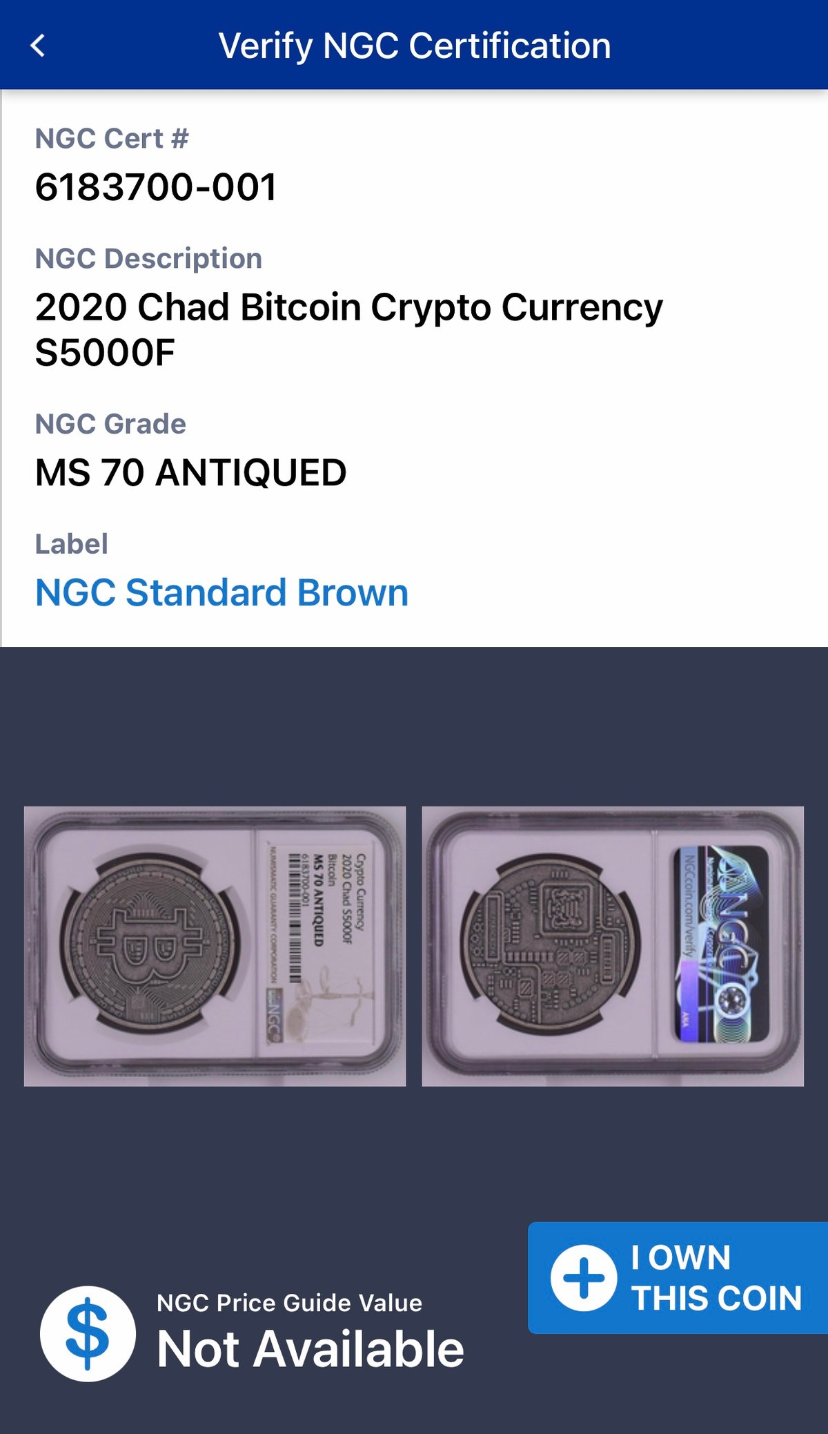 NGC鑑定・MS70】 ビットコイン モチーフ チャド共和国 CFAフラン