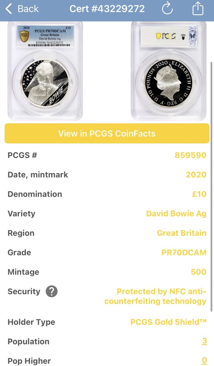 PCGS70鑑定・世界でわずか3枚】デビッドボウイ 5オンス銀貨