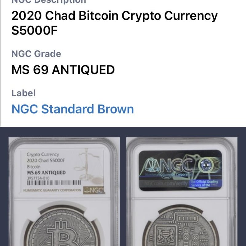 NGC最高鑑定MS70 ビットコイン Bitcoin チャド共和国 CFAフラン