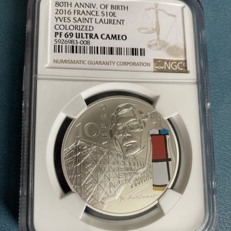 イヴ・サンローラン 生誕80周年記念銀貨 2016年 フランス造幣局 10ユーロ シルバープルーフコイン NGC鑑定PF69 YVES SAINT LAURENT　※ファッション・アクセサリーではない
