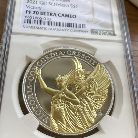 NGC70鑑定 Gilt版 女王の美徳シリーズ 勝利 イギリス領セントヘレナ造幣局 1オンス銀貨 シルバー プルーフコイン 金メッキ ヴィクトリア女王 エリザベス女王 24k Victory