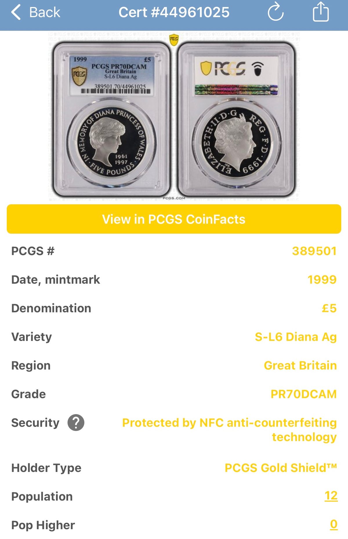 TopPop・最高評価のPCGS鑑定PR70!!】 1999年 ダイアナ妃追悼祈念 5