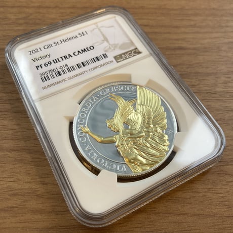 【NGC鑑定PF69】Gilt・金メッキ版 女王の美徳シリーズ 勝利 イギリス領セントヘレナ造幣局 24K 1オンス銀貨 シルバー プルーフコイン