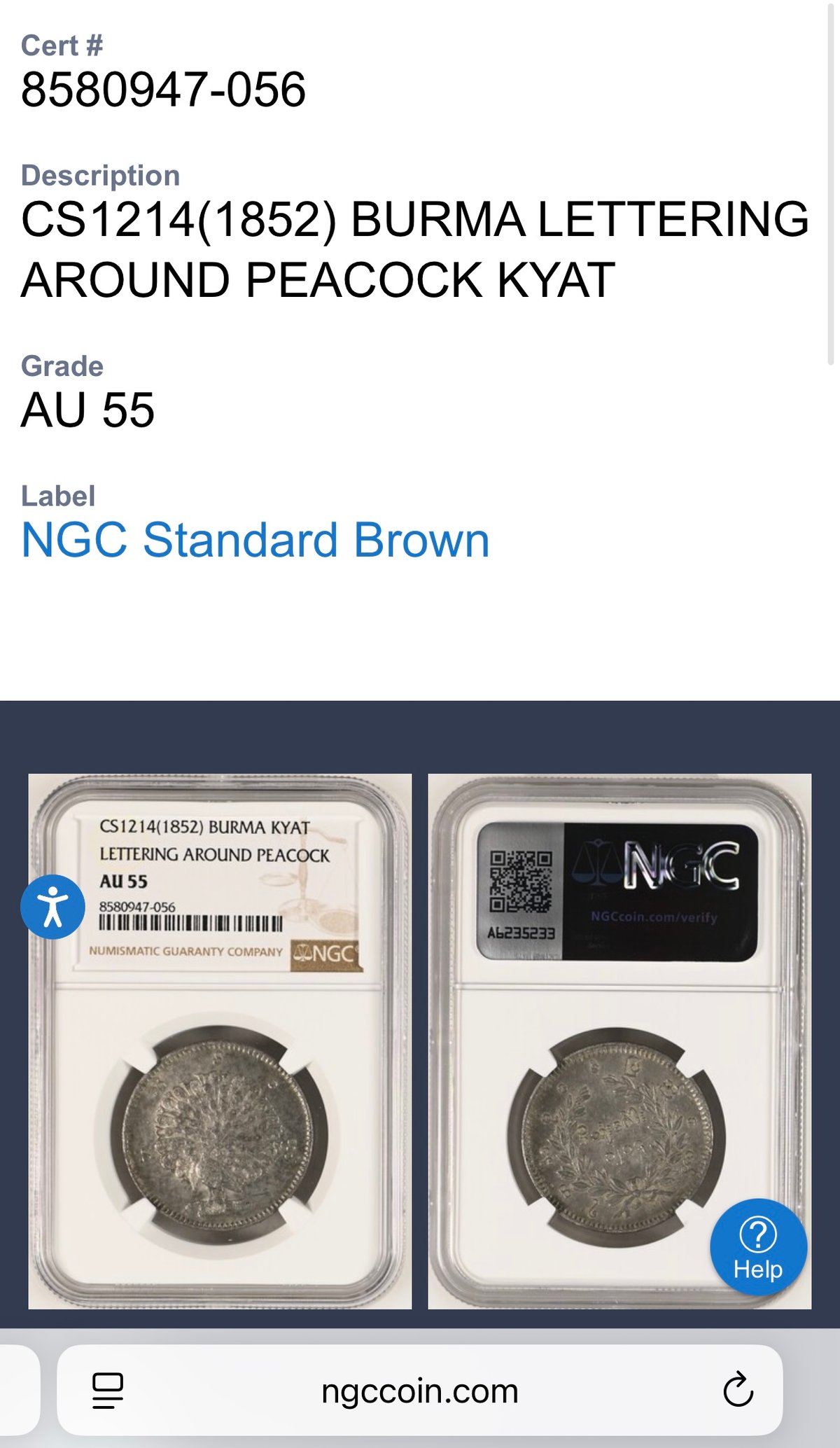 NGC鑑定AU55】 1852年 ビルマ ミャンマー 孔雀 クジャク チャット銀貨