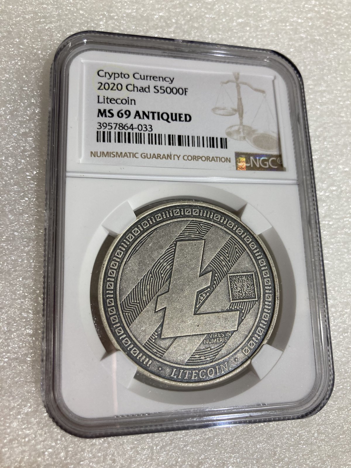 【NGC鑑定MS69】Litecoin ライトコイン アンティーク版 チャド共和国 CFAフラン 1オンス銀貨 シルバー 仮想通貨 暗号通貨  ビットコイン