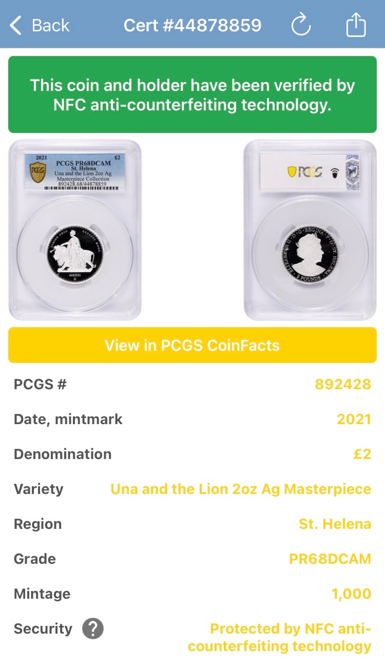 PCGS鑑定PR68 2オンス銀貨 ウナとライオン マスターピース版 2021年