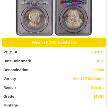 【PCGS鑑定MS65】1871年ドイツ ババリア マドンナ　ターラー銀貨 アンティークコイン ターレル バイエルン Bavaria Madonna Taler thaler