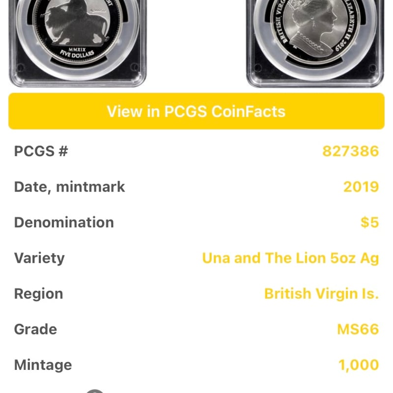 PCGS鑑定MS66】5オンス ウナとライオン 2019 イギリス領