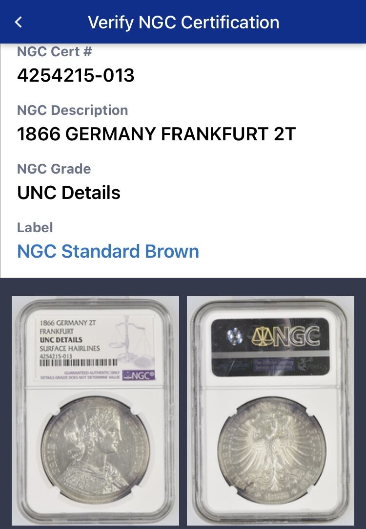 NGC鑑定UNC】ドイツ フランクフルト 1866年 フランコニア 2ターラー