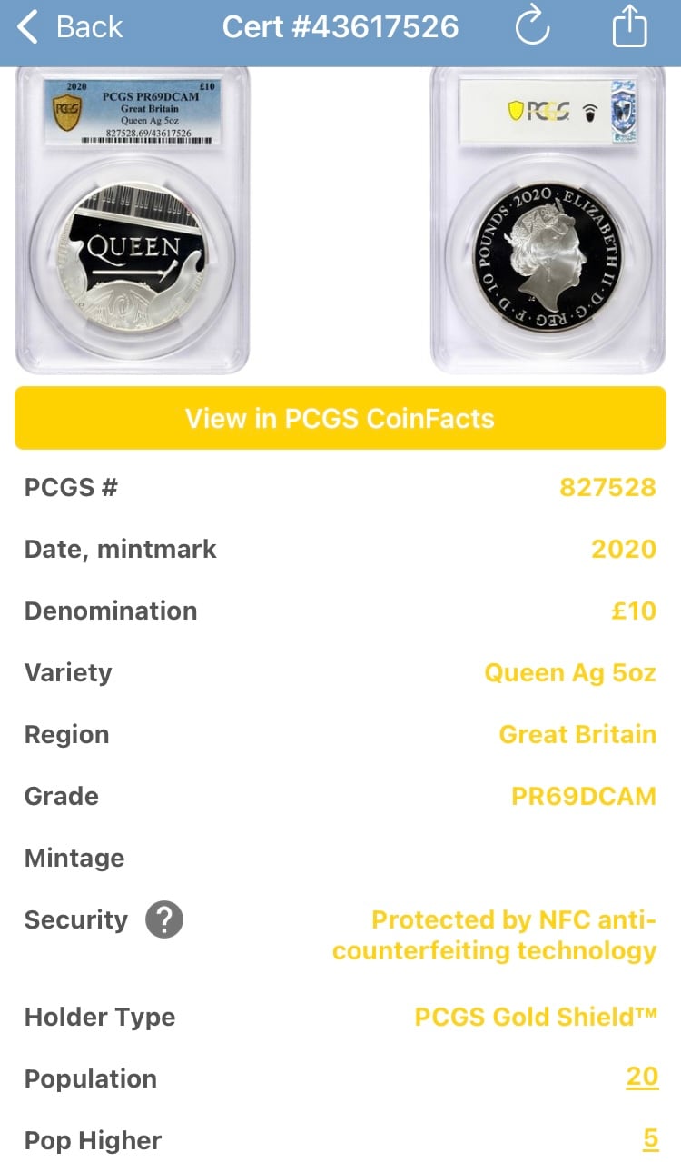 PCGS鑑定PR69・世界20枚】QUEEN 5oz ミュージック レジェンド