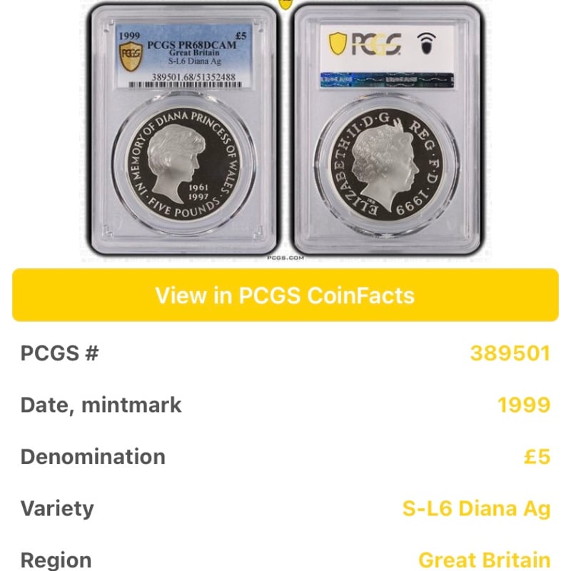 PCGS鑑定PR68 1999年 イギリス ダイアナ妃追悼祈念 5ポンド銀貨 S-L6