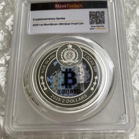 【※0.001BTCが内蔵】ビットコイン モチーフ ミントパーフェクトスラブ入り 2025年 ニウエ国 2ドル 1オンス銀貨 シルバー プルーフコイン 暗号資産 暗号通貨