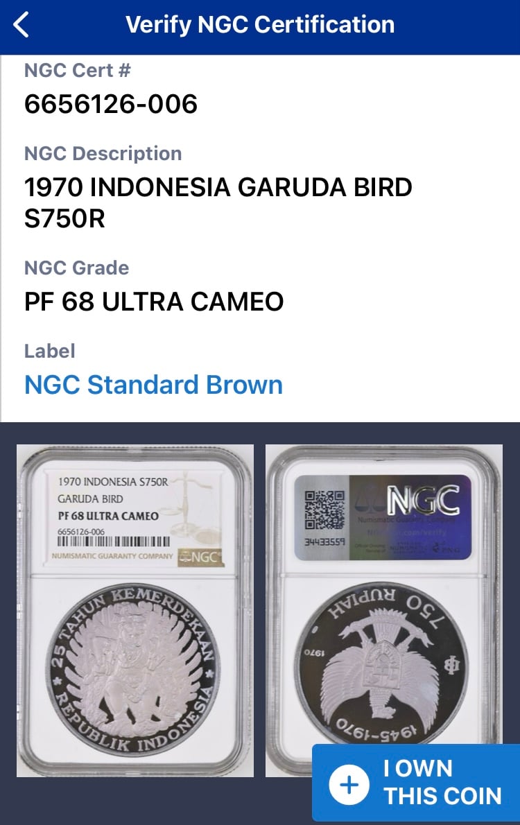 NGC鑑定PF68 インドネシア ガルーダ銀貨 1970年 750ルピア