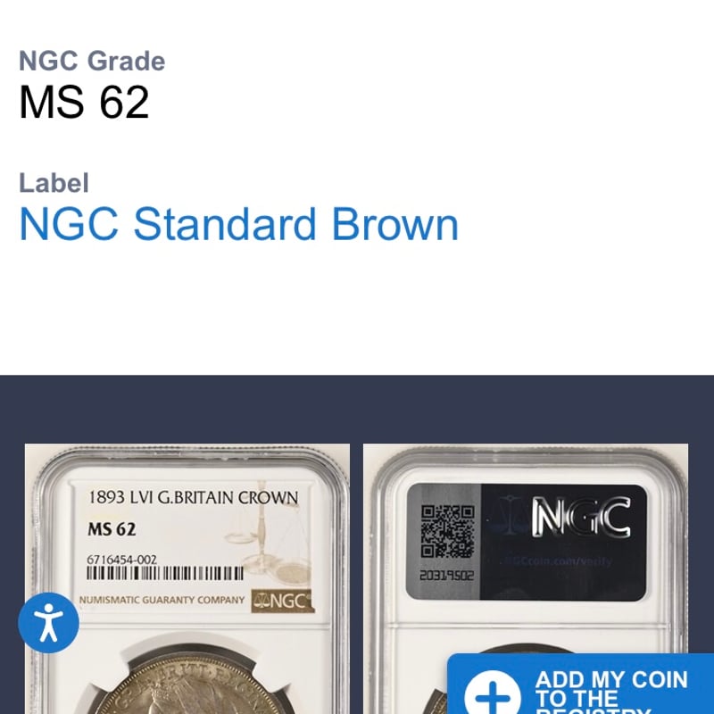 NGC鑑定MS62 クラウン銀貨 ヴィクトリア女王 1893年 ヴェール NGC鑑定MS62 クラウン銀貨 ヴィクトリア女王 1893年 ヴェール