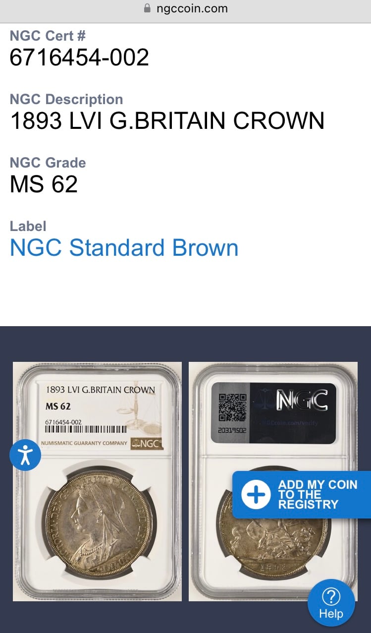 NGC鑑定MS62 クラウン銀貨 ヴィクトリア女王 1893年 ヴェールヘッド