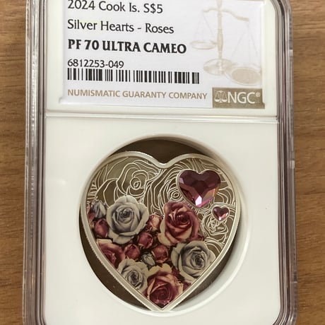 NGC鑑定PF70 ハート型コイン クック諸島 2024年 スワロフスキー ローズ クリスタル シルバーハート 薔薇 銀貨 シルバーコイン
