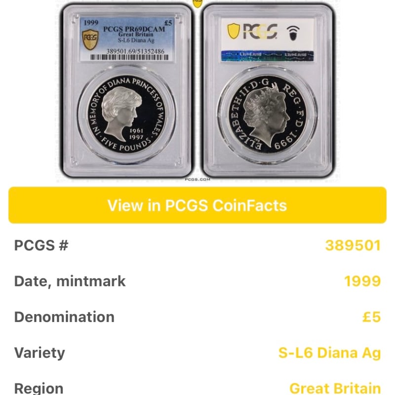 PCGS鑑定PR69DCAM 1999年 イギリス ダイアナ妃追悼祈念 5ポンド