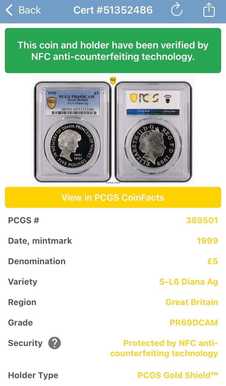 PCGS 世界最高鑑定　ダイアナ妃追悼記念 PR69 DCAM 保証書・箱 1999年 ダイアナ妃追悼記念5ポンド金貨(PCGS/PR69DCAM) – cocoin.jp