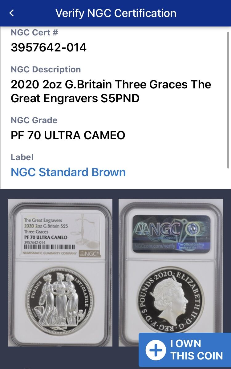 NGC鑑定PF70UC】ロイヤルミント 2020 スリーグレイセス 2オンス £5銀貨