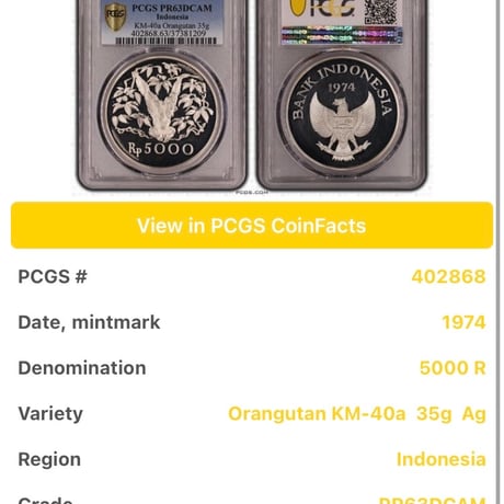 WWF世界野生生物基金記念シリーズ 1974年 インドネシア オランウータン PCGS鑑定PR63DCAM 5000ルピー銀貨 シルバー プルーフコイン Indonesia Orangutan