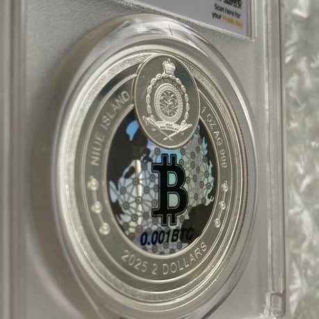 【※0.001BTCが内蔵】ビットコイン モチーフ ミントパーフェクトスラブ入り 2025年 ニウエ国 2ドル 1オンス銀貨 シルバー プルーフコイン 暗号資産 暗号通貨