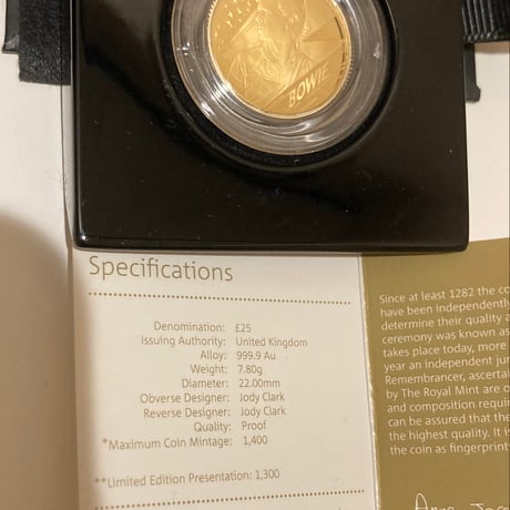 【金7.8g】デビッドボウイ 1/4オンス金貨 25ポンド ゴールド プルーフコイン ミュージックレジェンド  ロイヤルミント David Bowie royal mint
