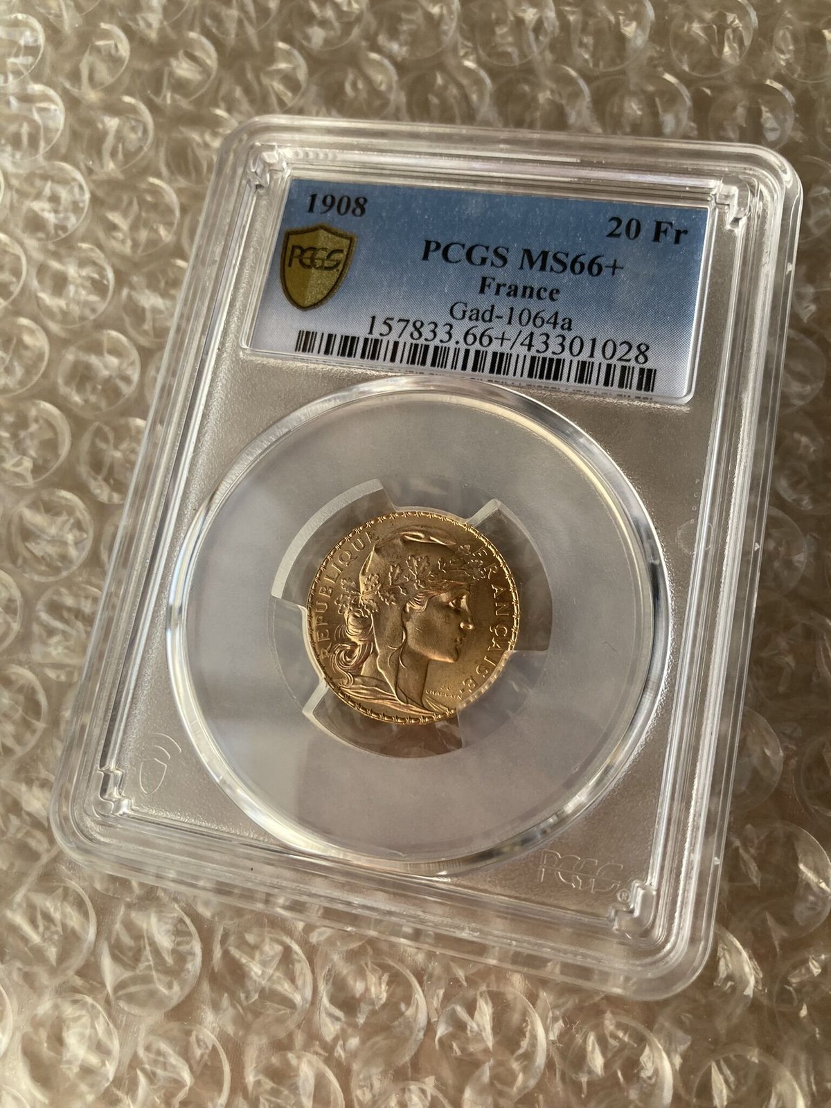 1908年・PCGS MS66+】フランス 20フラン ルースター金貨 1908年・PCGS MS66+】フランス 20フラン ルースター金貨