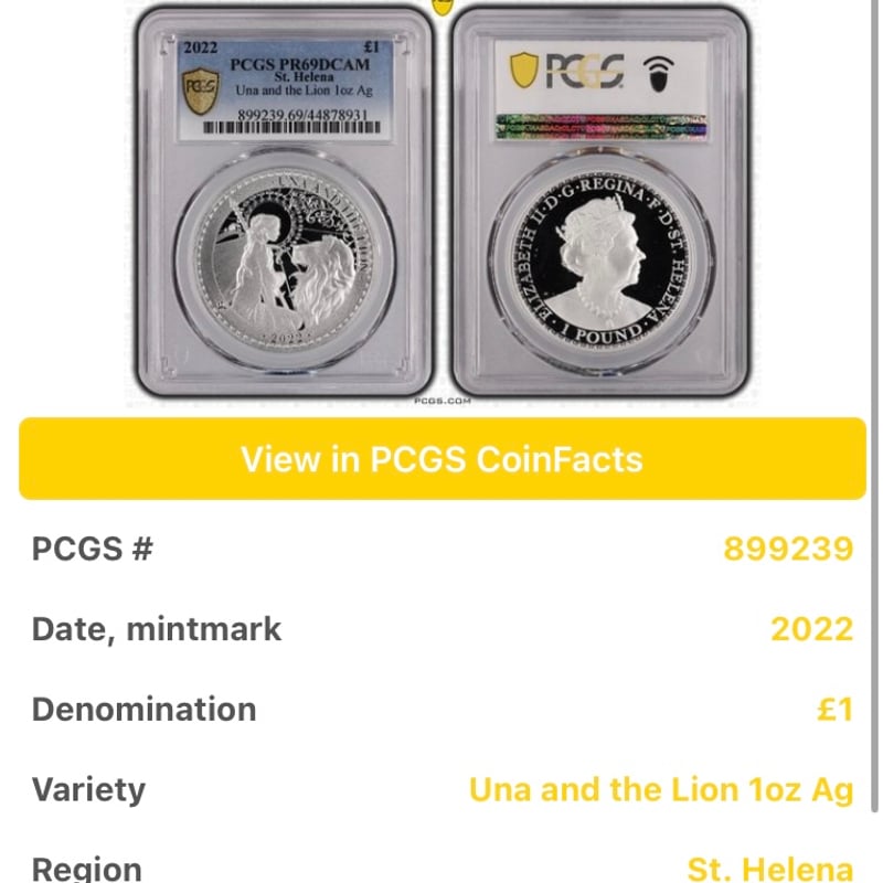 PCGS鑑定PR69DCAM】 ウナとライオン 2022年 イギリス領セントヘレナ