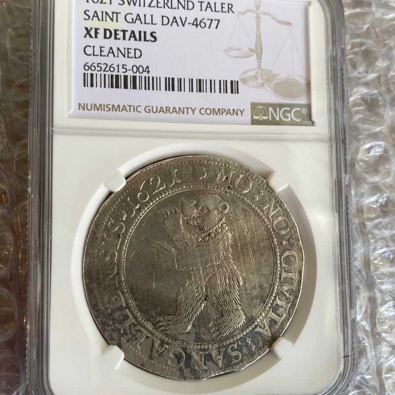 スイス 1621年 熊図 ベア 1ターラー銀貨 NGC鑑定XF Details Cleaned