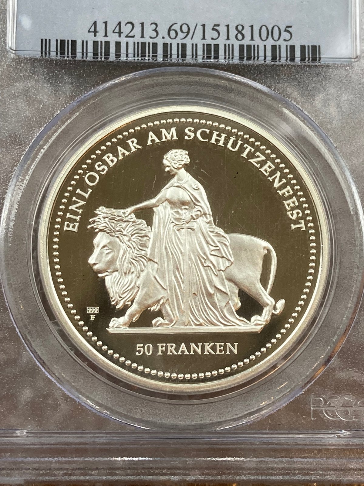 ウナとライオン☆スイス射撃祭 50フラン銀貨／2002年／NGC PF67／