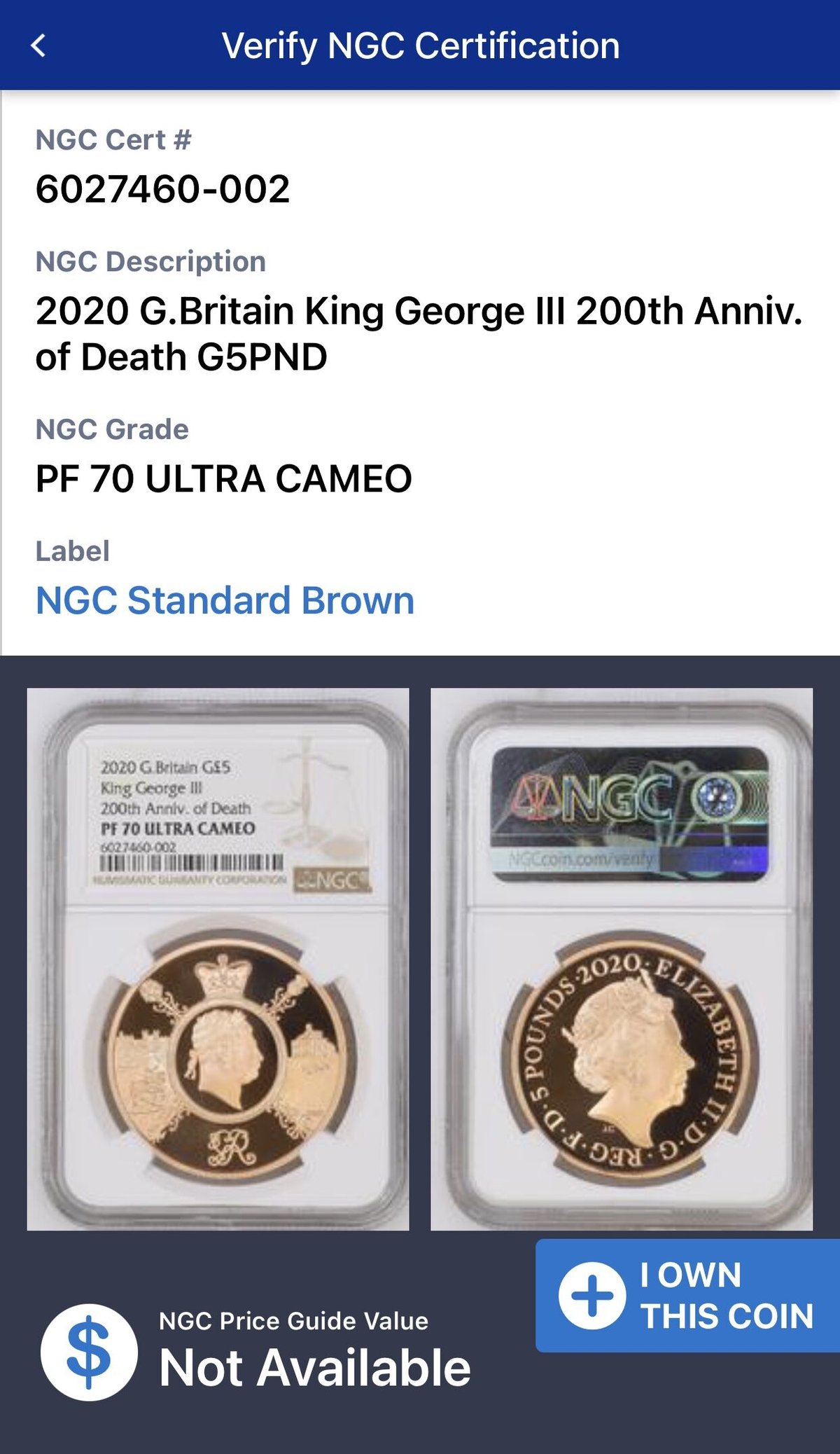 NGC鑑定PF70UC】英国 2020年 ジョージ3世没後200周年 5ポンド金貨