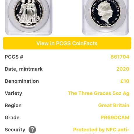 【PCGS69鑑定】ロイヤルミント版 2020 スリーグレイセス 5オンス銀貨 10ポンド シルバー プルーフコイン 英国 イギリス造幣局 Royal Mint Three Graces
