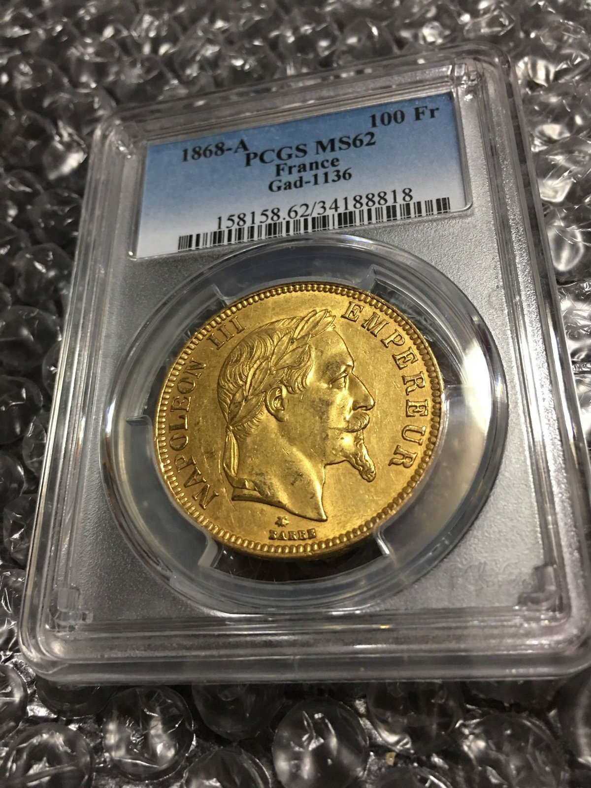 希少年号】1868A PCGS鑑定 MS62 100 Francs gold coin ナポ