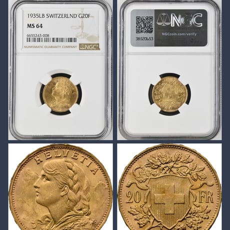 1935年LB スイス 20フラン金貨 ゴールド アルプスの少女 ブレネリ NGC鑑定MS64 アルプス山脈と少女図 アンティークコイン