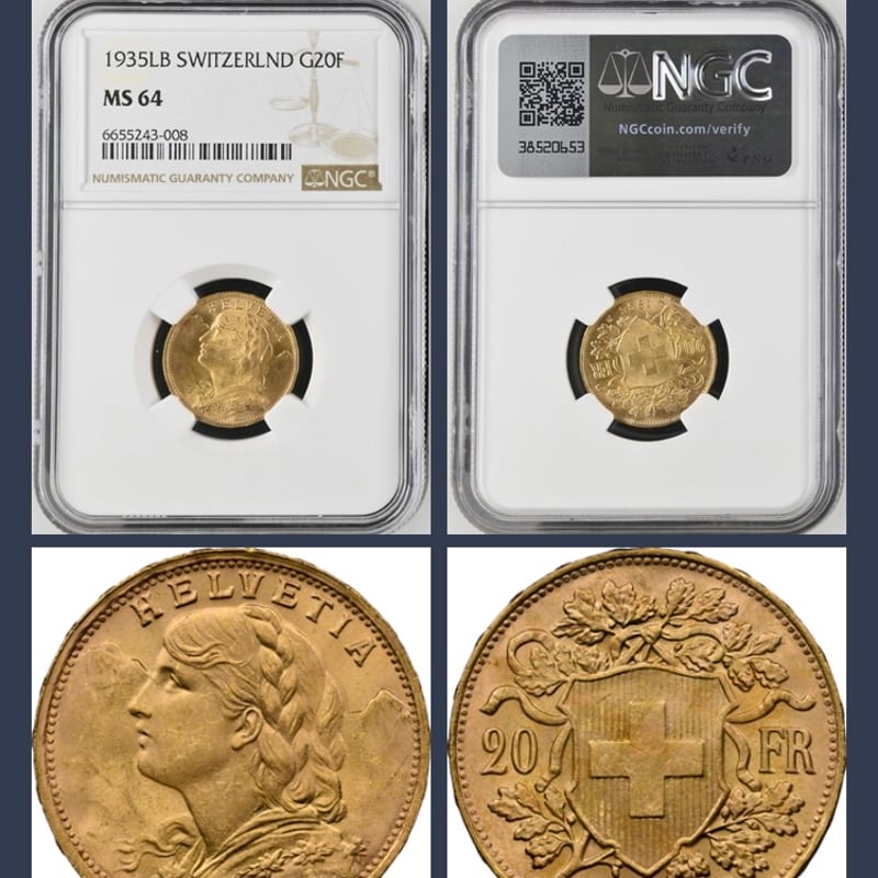 1935年LB スイス 20フラン金貨 ゴールド アルプスの少女 ブレネリ NGC鑑定MS64...