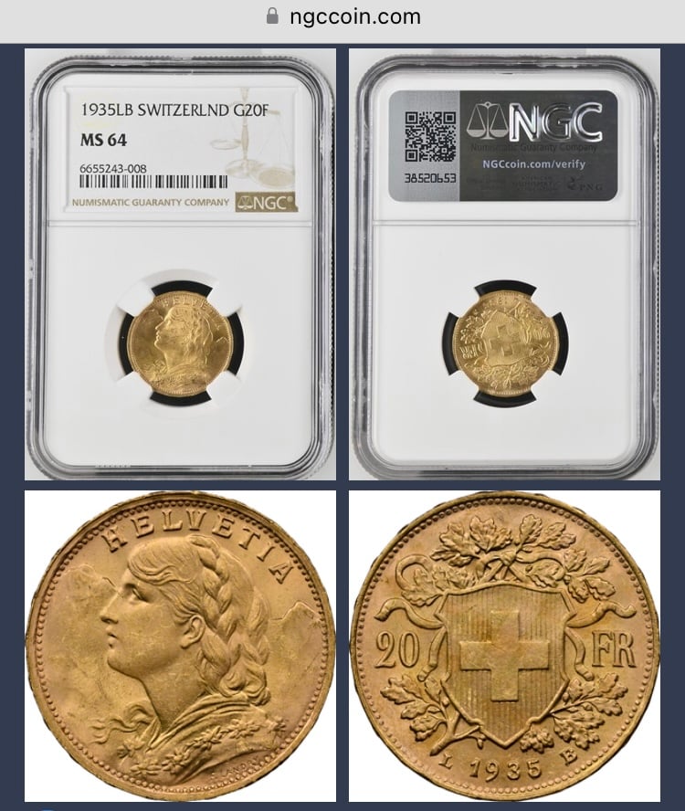 1935年LB スイス 20フラン金貨 ゴールド アルプスの少女 ブレネリ NGC