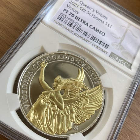 NGC70鑑定 Gilt版 女王の美徳シリーズ 勝利 イギリス領セントヘレナ造幣局 1オンス銀貨 シルバー プルーフコイン 金メッキ ヴィクトリア女王 エリザベス女王 24k Victory