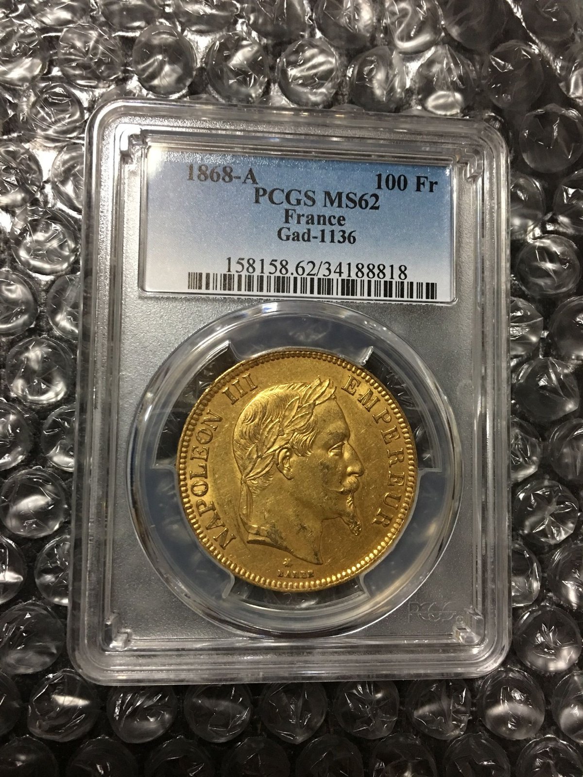 希少年号】1868A PCGS鑑定 MS62 100 Francs gold coin ナポ 希少年号】1868A PCGS鑑定 MS62 100 Francs gold coin ナポ